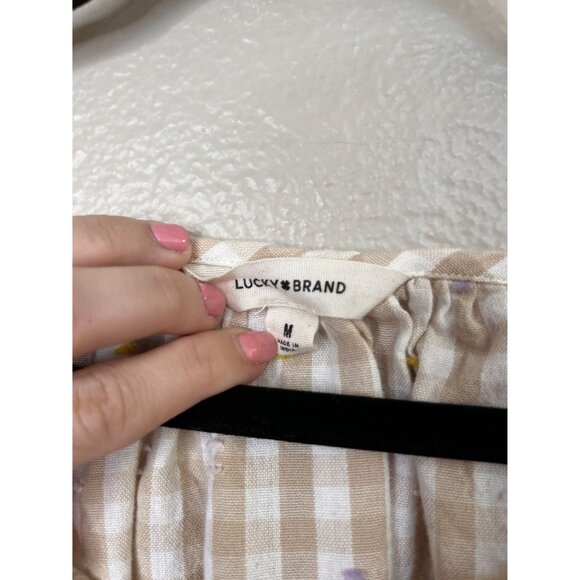 Lucky Brand Beige Gingham Cotton Peasant Top M Short Sleeves 100% Cotton - Picture 5 of 7